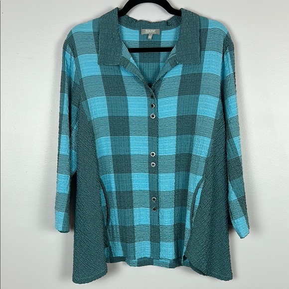 Habitat Blue Plaid 3/4 Sleeve Button Down with Side Pockets Shirt Size Large - Picture 2 of 8